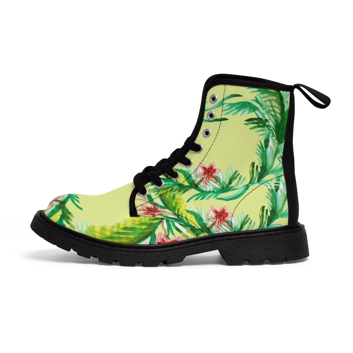 Yellow Floral Women's Boots, Designer Vintage-Style Print Canvas Winter Hiking Boots