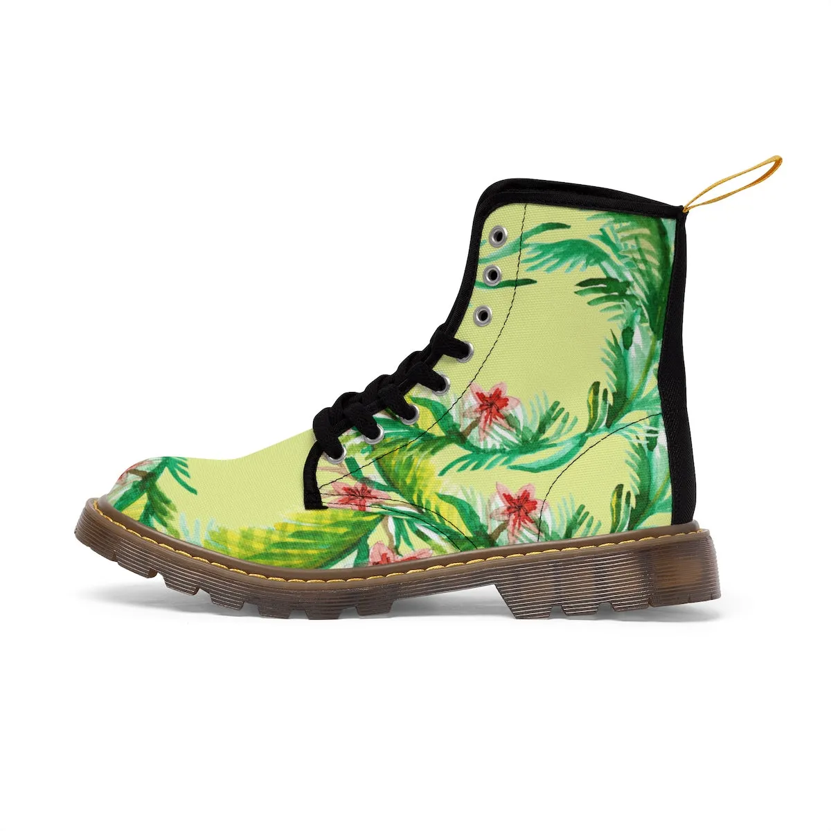 Yellow Floral Women's Boots, Designer Vintage-Style Print Canvas Winter Hiking Boots