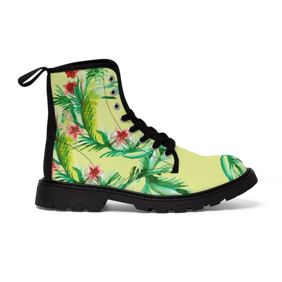 Yellow Floral Women's Boots, Designer Vintage-Style Print Canvas Winter Hiking Boots
