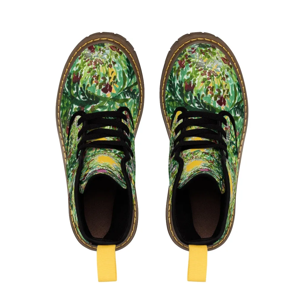 Yellow Green Floral Women's Boots, Cute Elegant Flower Printed Combat Hiking Boots For Ladies