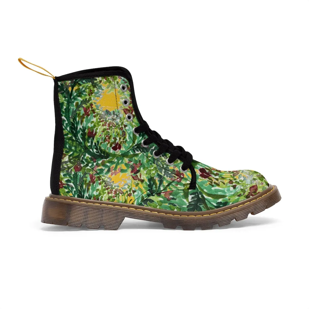 Yellow Green Floral Women's Boots, Cute Elegant Flower Printed Combat Hiking Boots For Ladies