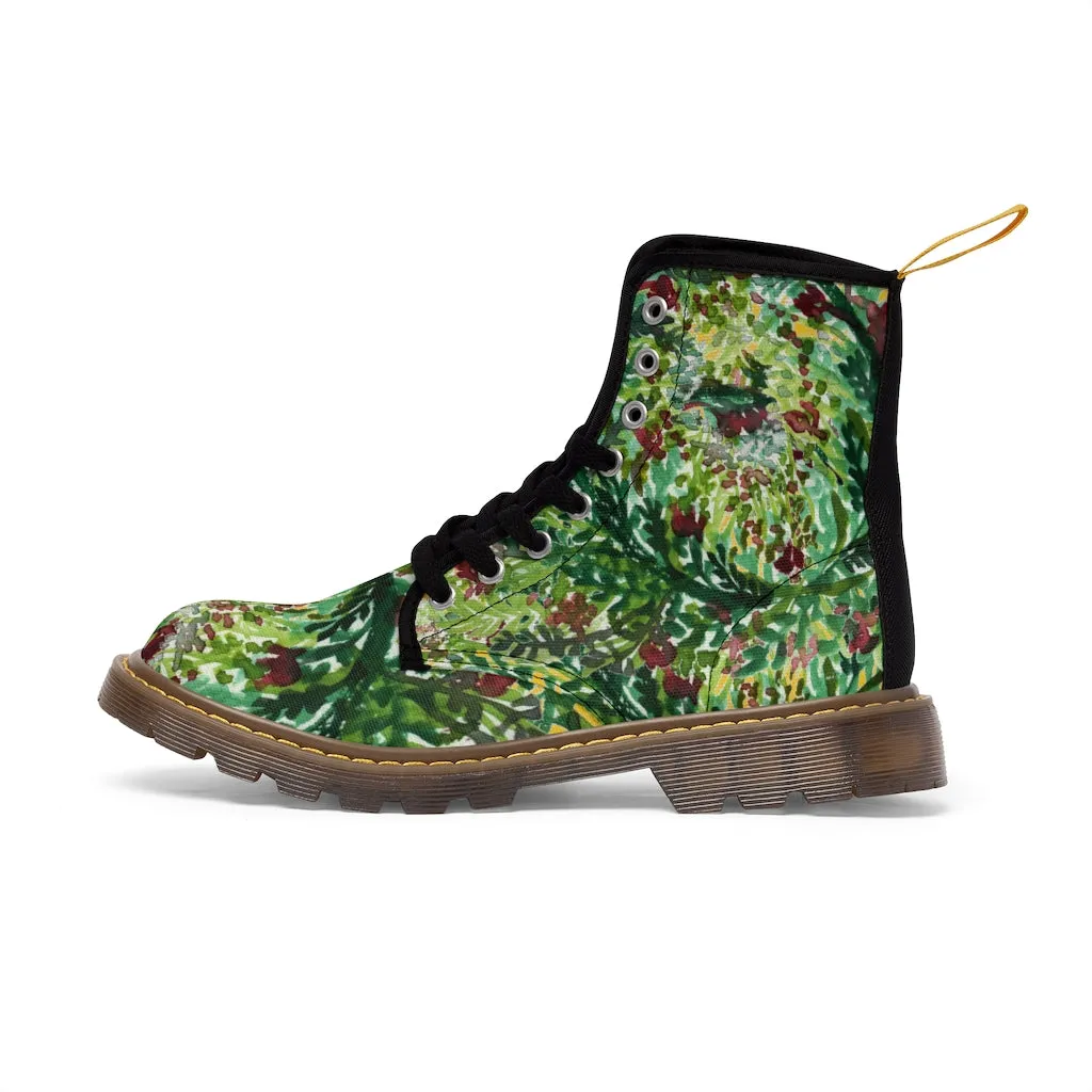 Yellow Green Floral Women's Boots, Cute Elegant Flower Printed Combat Hiking Boots For Ladies