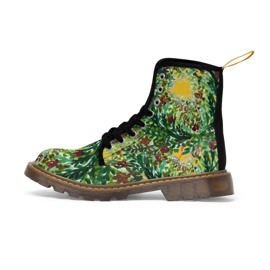 Yellow Green Floral Women's Boots, Cute Elegant Flower Printed Combat Hiking Boots For Ladies