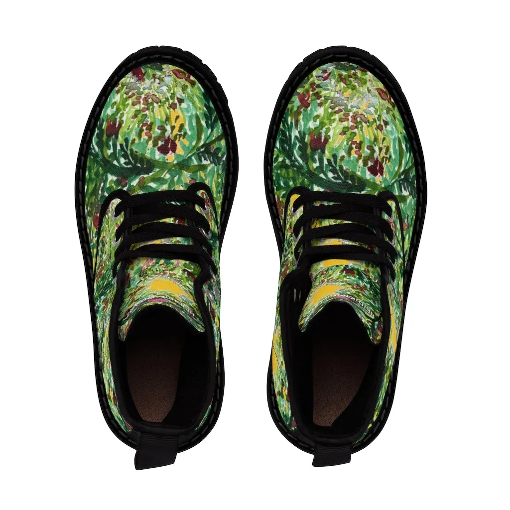 Yellow Green Floral Women's Boots, Cute Elegant Flower Printed Combat Hiking Boots For Ladies