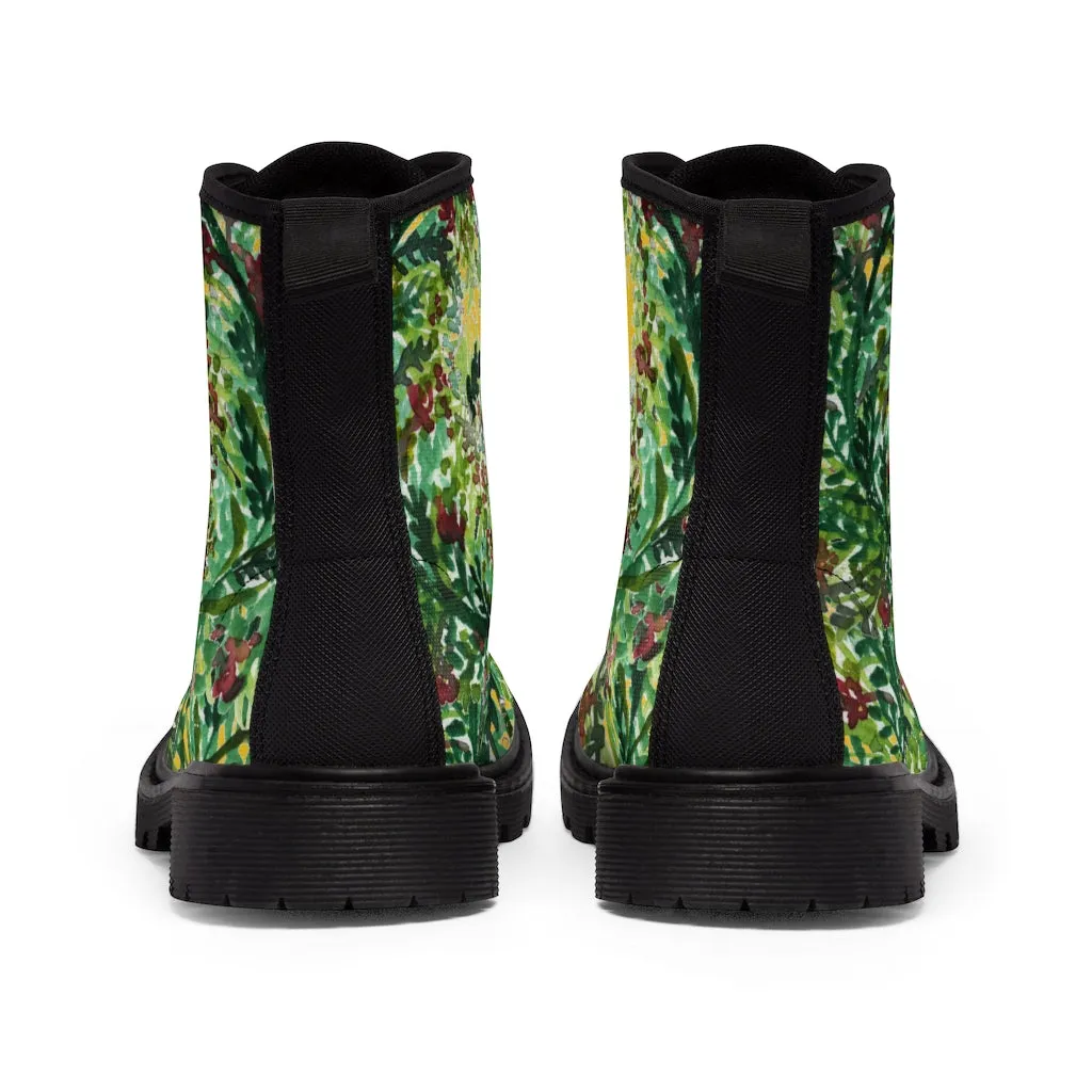 Yellow Green Floral Women's Boots, Cute Elegant Flower Printed Combat Hiking Boots For Ladies