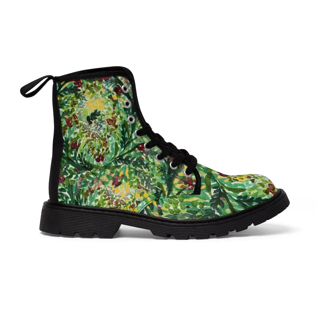 Yellow Green Floral Women's Boots, Cute Elegant Flower Printed Combat Hiking Boots For Ladies