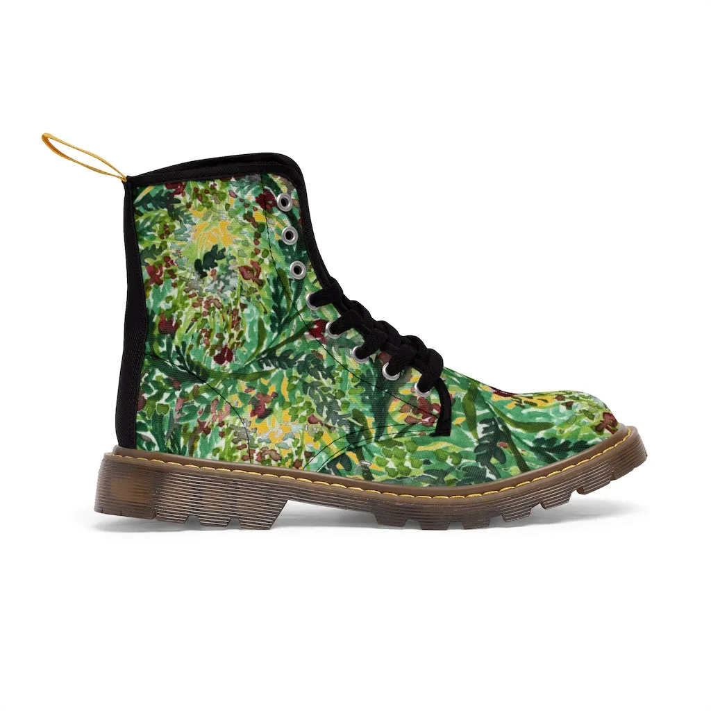 Yellow Green Floral Women's Boots, Cute Elegant Flower Printed Combat Hiking Boots For Ladies