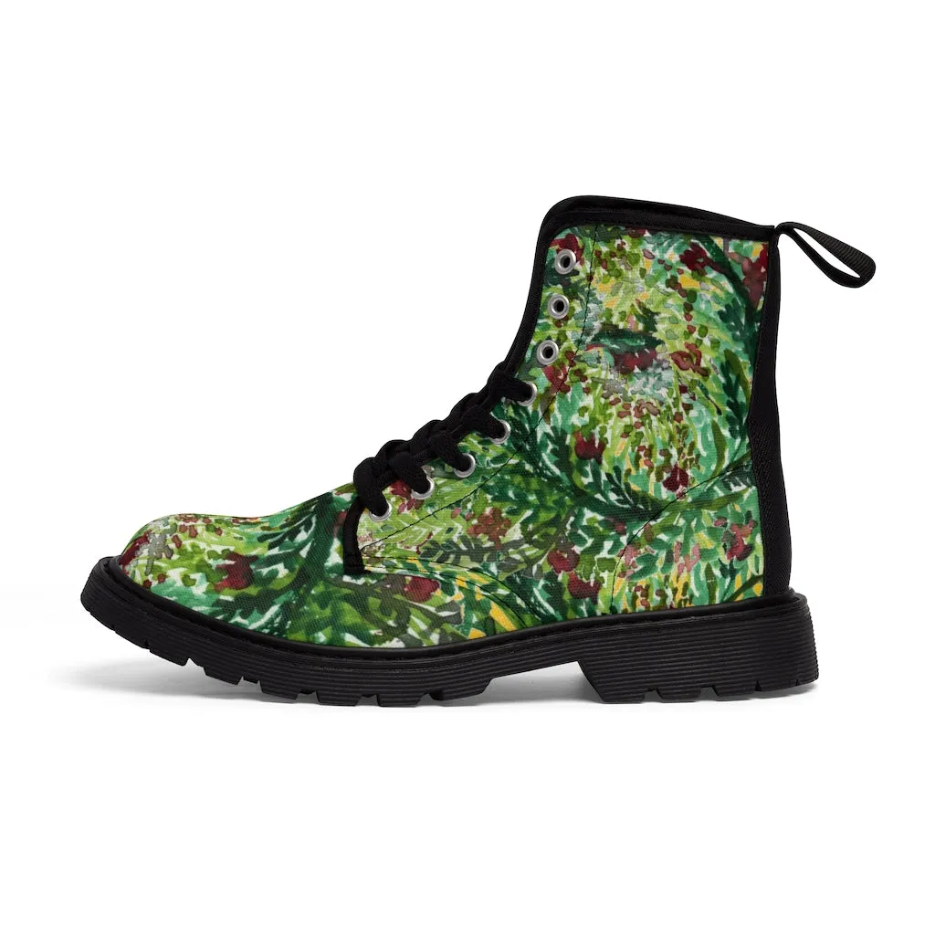 Yellow Green Floral Women's Boots, Cute Elegant Flower Printed Combat Hiking Boots For Ladies