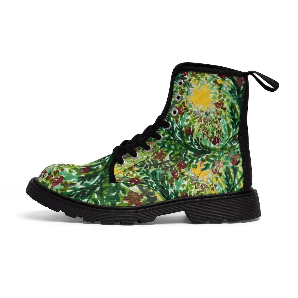 Yellow Green Floral Women's Boots, Cute Elegant Flower Printed Combat Hiking Boots For Ladies