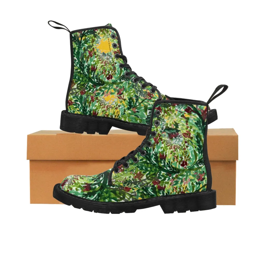 Yellow Green Floral Women's Boots, Cute Elegant Flower Printed Combat Hiking Boots For Ladies